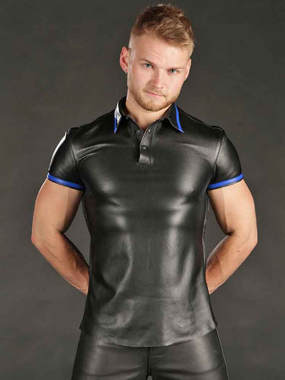 Mister S Lammleder-Poloshirt - blauer Streifen
