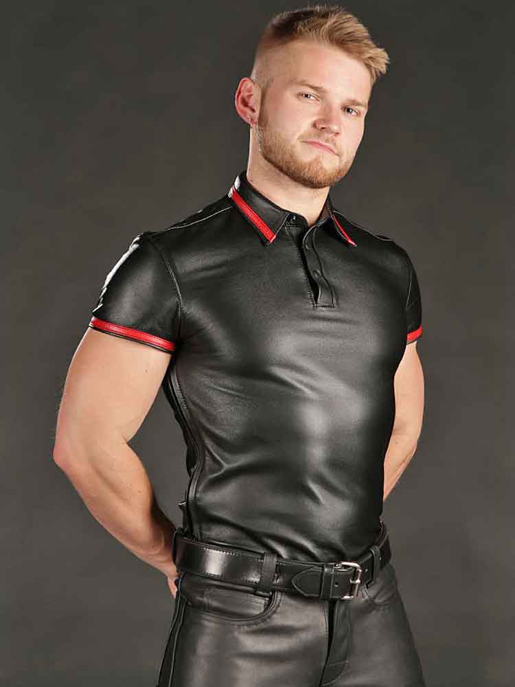 Mister S Lammleder-Poloshirt - roter Streifen