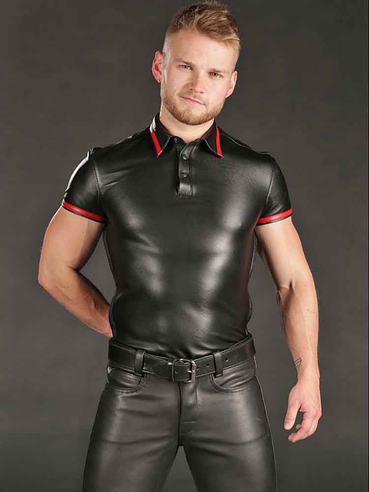 Mister S Lammleder-Poloshirt - roter Streifen