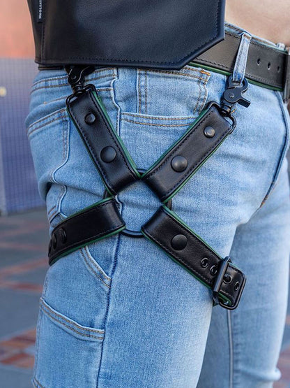 MISTER S Leather Leg Harness - schwarz-huntergrün