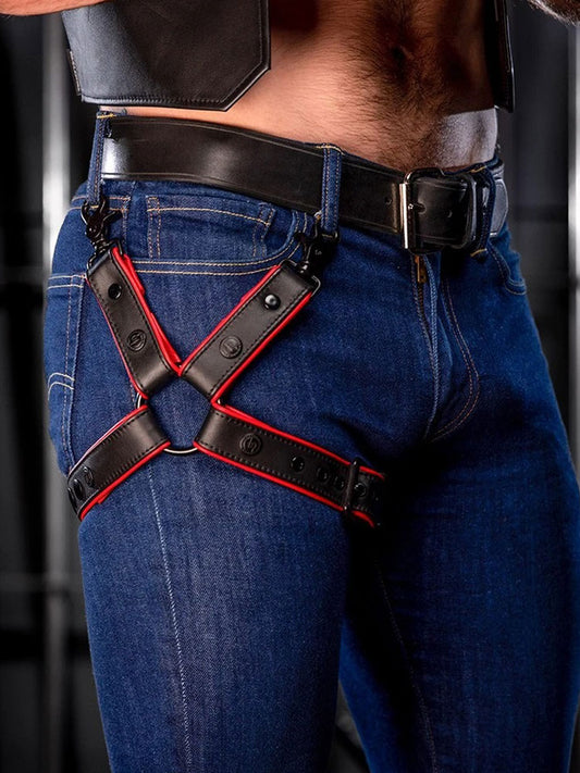 MISTER S Leather Leg Harness - schwarz-rot