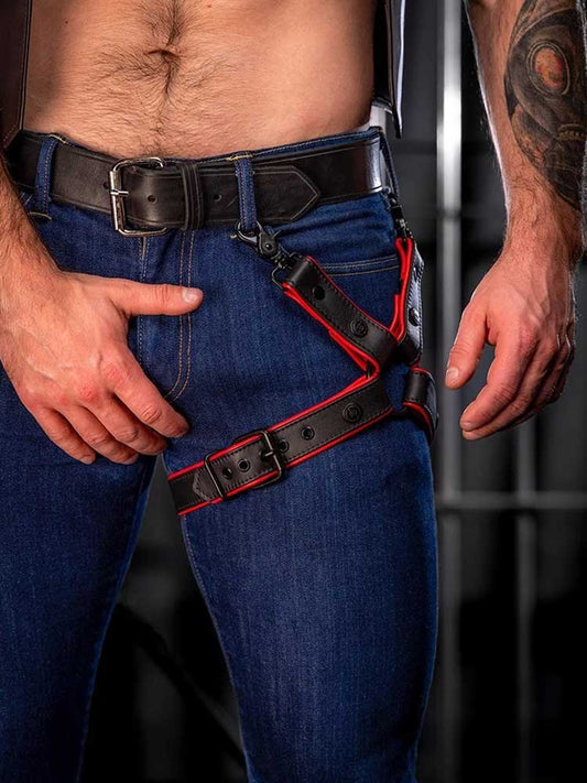 MISTER S Leather Leg Harness - schwarz-rot