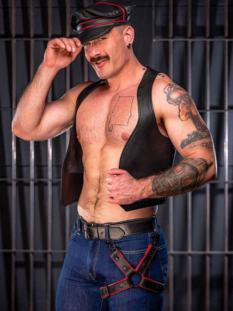 MISTER S Leather Leg Harness - schwarz-rot